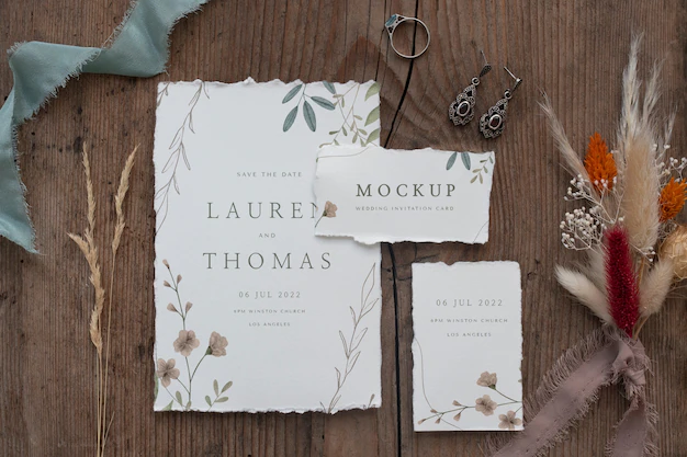 Free PSD | Flat lay of paper mock-up rustic wedding invitation with leaves and flowers