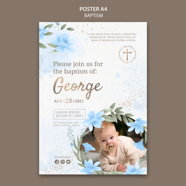 Free PSD | Floral baptism celebration a4 poster template