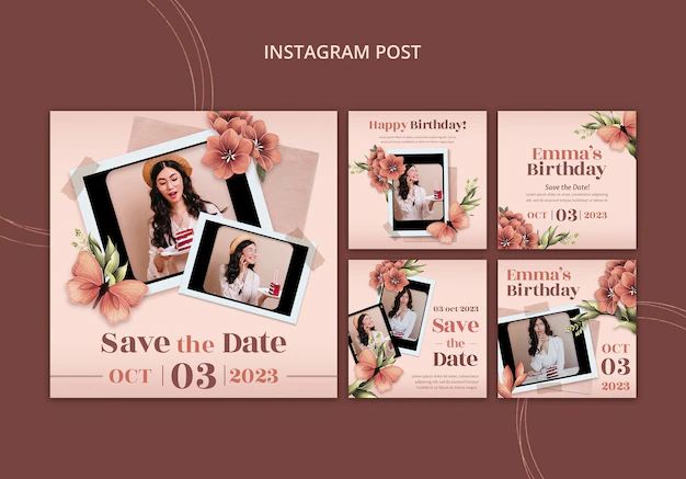 Free PSD | Floral instagram posts collection for birthday celebration