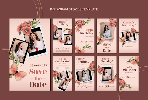 Free PSD | Floral instagram stories collection for birthday celebration