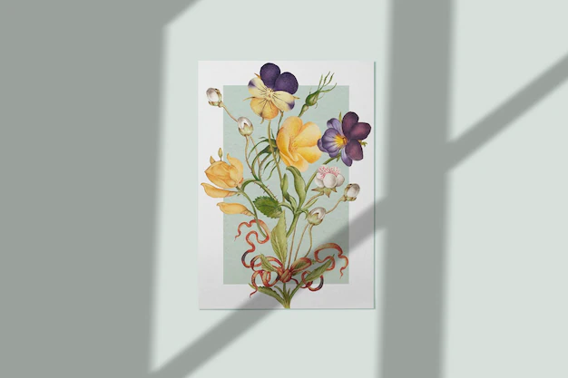 Free PSD | Floral white paper mockup psd on the wall, remixed from artworks by pierre-joseph redouté