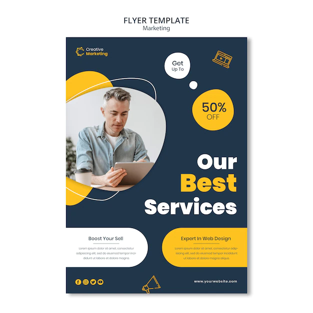 Free PSD | Flyer template design with man looking on digital tablet
