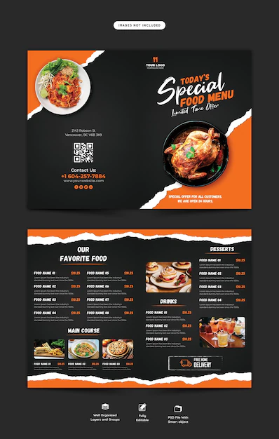 Free PSD | Food menu and restaurant bifold brochure template