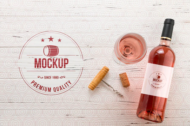 Free PSD | Front view rose wine bottle and glass