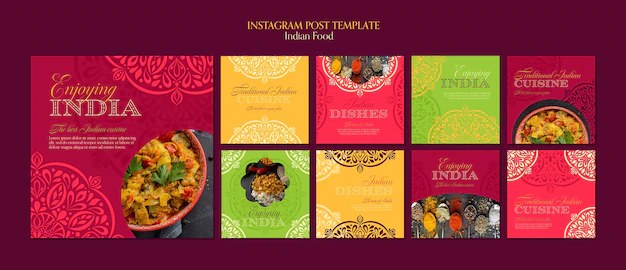 Free PSD | Indian food restaurant instagram posts collection with mandala design
