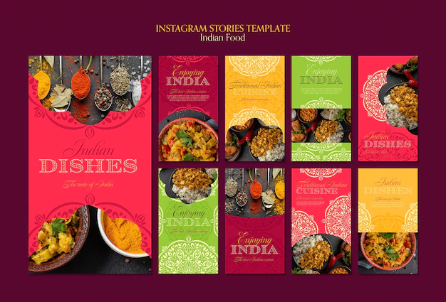 Free PSD | Indian food restaurant instagram stories collection with mandala design