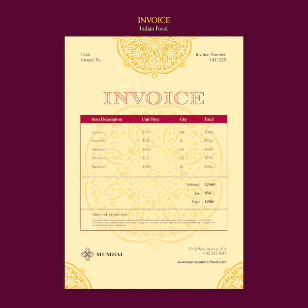 Free PSD | Indian food restaurant invoice template with mandala design