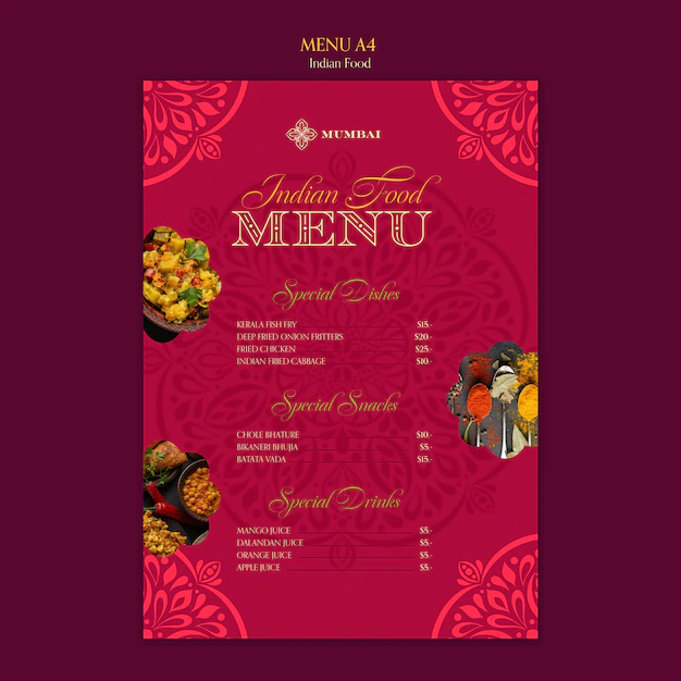 Free PSD | Indian food restaurant menu template with mandala design