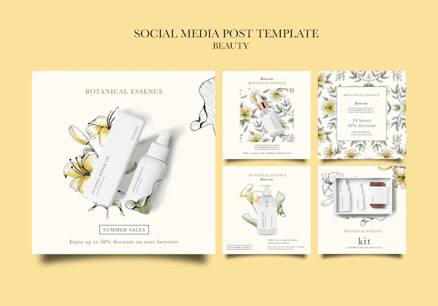 Free PSD | Instagram posts collection for beauty products with hand drawn flowers