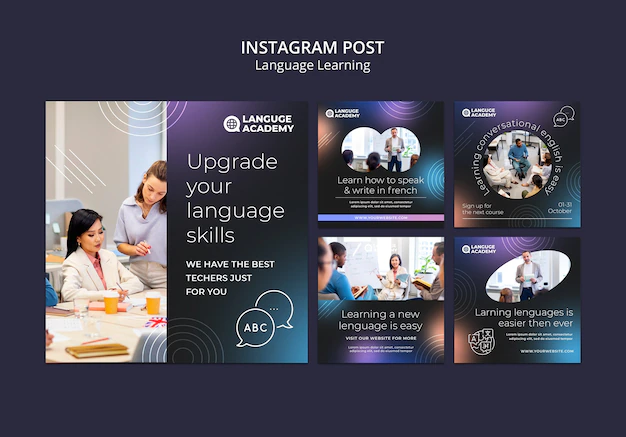 Free PSD | Instagram posts collection for language learning with line shapes