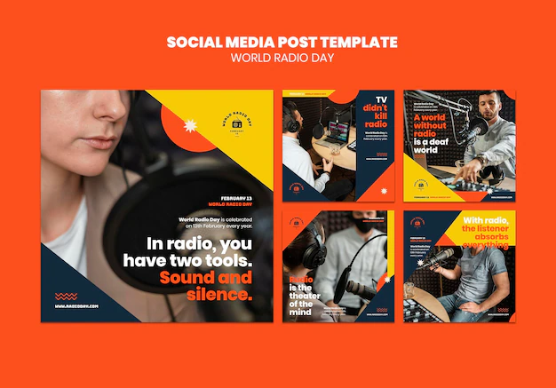 Free PSD | Instagram posts collection for world radio day with broadcaster and microphone