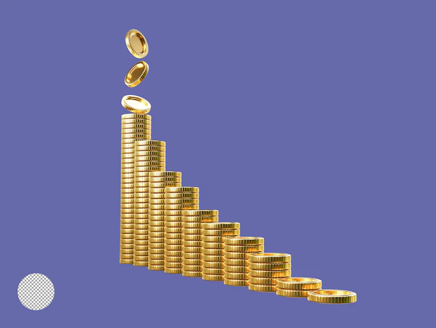 Free PSD | Isolation of increasing golden coin stacking and dropping for growth saving and business investment concept by 3d render illustration