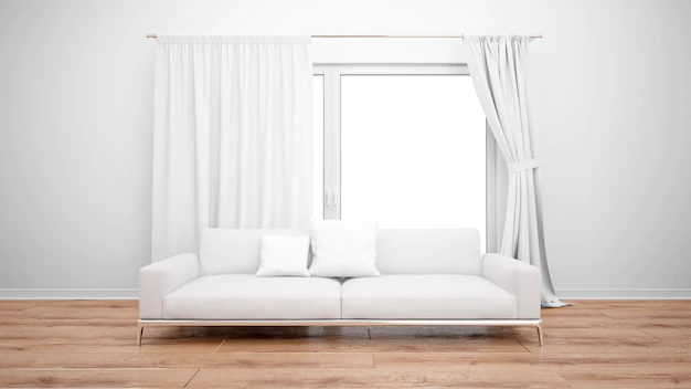 Free PSD | Living room with minimalist sofa and large window with white curtains