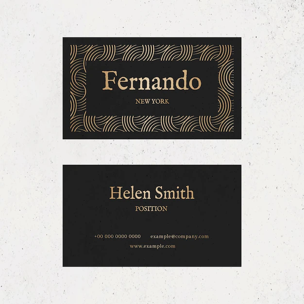 Free PSD | Luxury business card template psd in gold and black tone with front and rear view flat lay