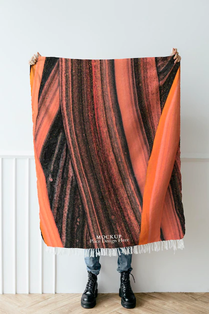 Free PSD | Marble throw blanket  in black and orange handmade experimental art