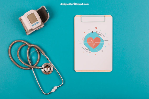 Free PSD | Medical mockup with clipboard and stethoscope