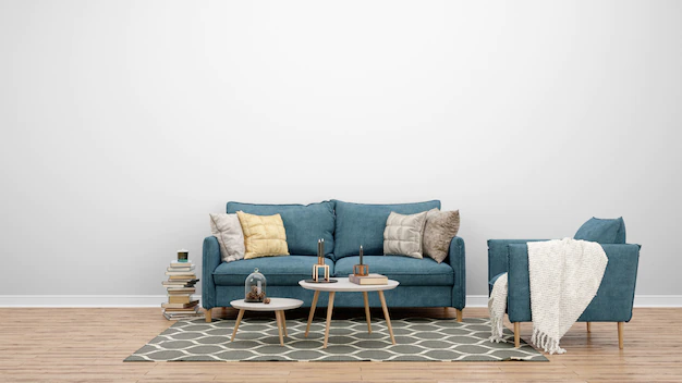 Free PSD | Minimal living room with classic sofa and carpet, interior design ideas
