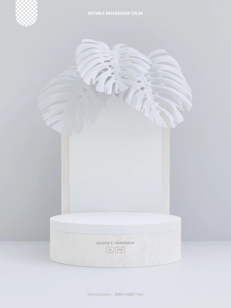 Free PSD | Minimal podium mockup for product presentation decorated with white monstera leaves 3d rendering