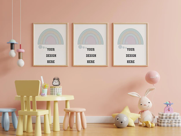 Free PSD | Mock up posters in child room interior, posters on empty pink color wall background,3d rendering