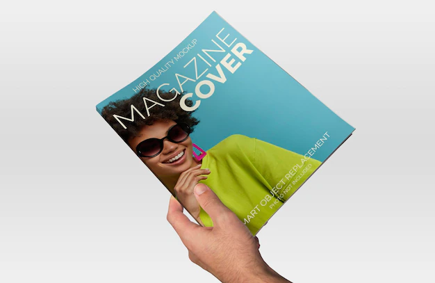Free PSD | Mockup of hand holding a magazine on a light background