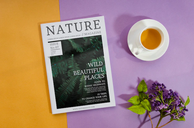 Free PSD | Nature magazine next to coffee cup and lavender