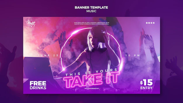 Free PSD | Neon banner template for electronic music with female dj