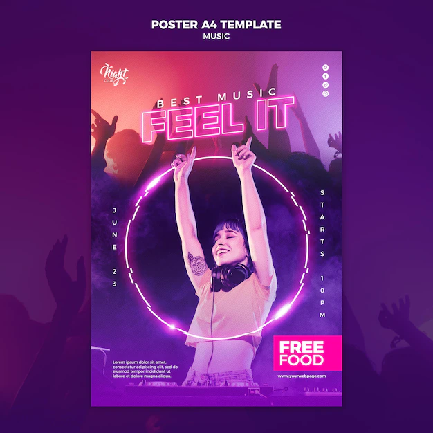Free PSD | Neon vertical poster template for electronic music with female dj