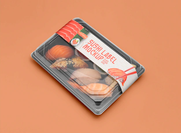 Free PSD | Plastic asian food packaging with sushi label mock-up