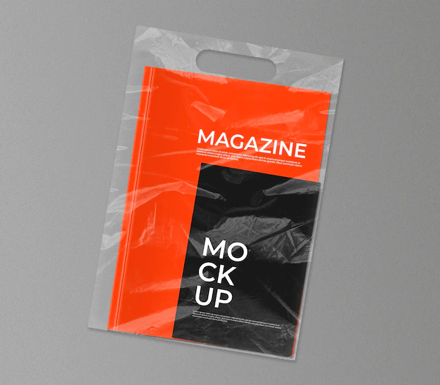 Free PSD | Plastic bag with magazine mockup