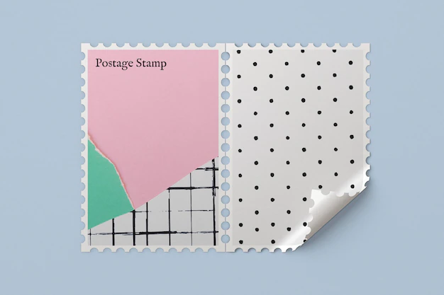 Free PSD | Postage stamp mockup psd with cute pastel ripped paper