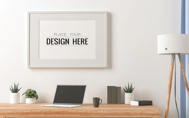 Free PSD | Poster frame mockup on the wall with plant