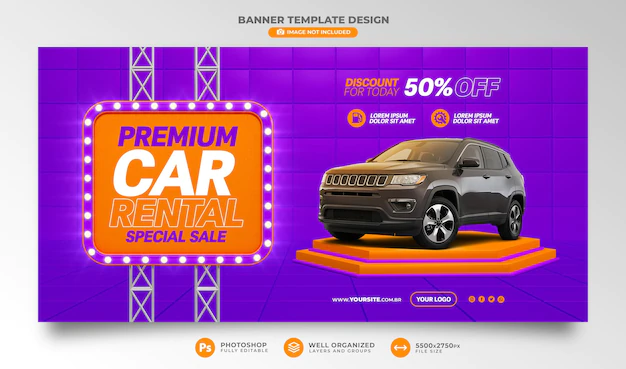 Free PSD | Premium car rental special sale banner discount for today 50 off in purple and orange background