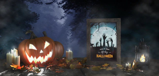 Free PSD | Scary decoration for halloween with framed horror movie poster
