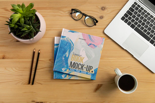 Free PSD | Square book mock-up on wooden desk with stationery