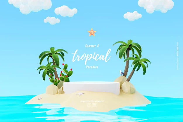 Free PSD | Summer background template composition with podium palm trees and beach objects on cute small island