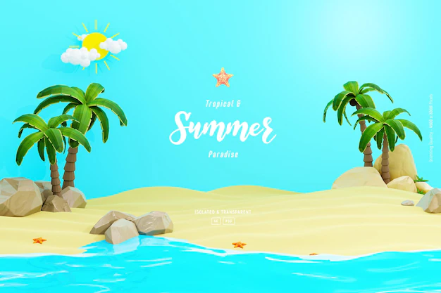 Free PSD | Summer background template composition with sandstones palm trees and cute beach objects
