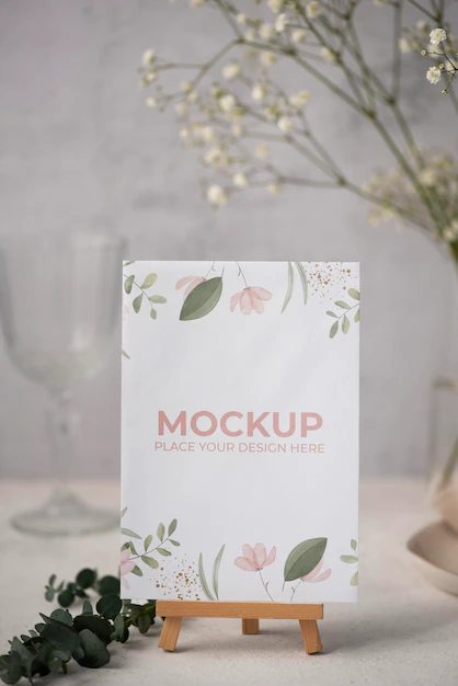 Free PSD | Table display with floral paper card mock-up