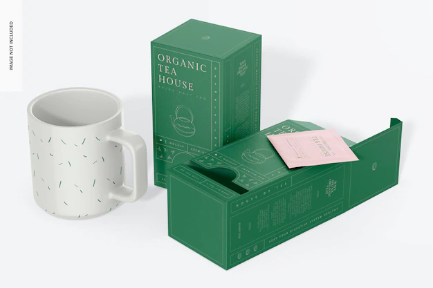 Free PSD | Tea dispenser box mockup, standing and dropped