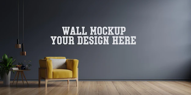 Free PSD | The interior has a yellow armchair on empty dark wall