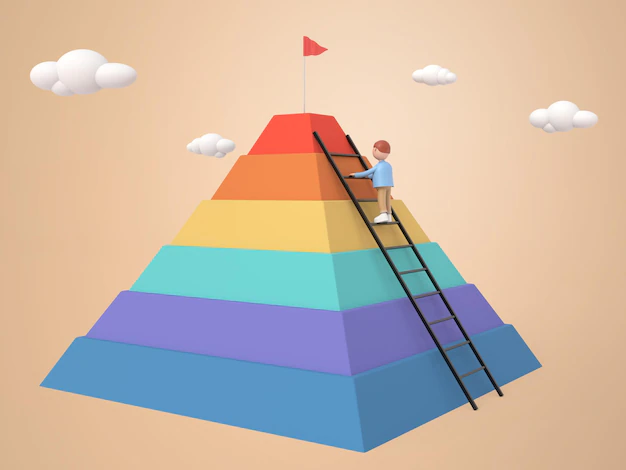 Free PSD | The young man climbed the ladder to top and took red flag atop the multicolored pyramid business successful concept rendering