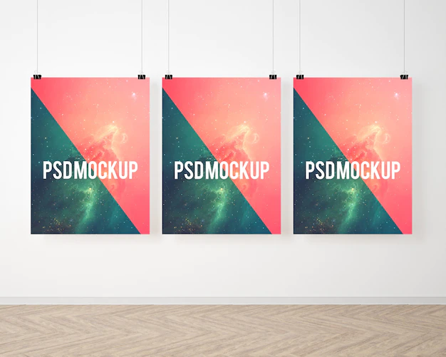 Free PSD | Three posters on white wall mock up