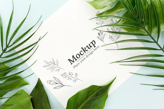 Free PSD | Top view green leaves composition with mock-up