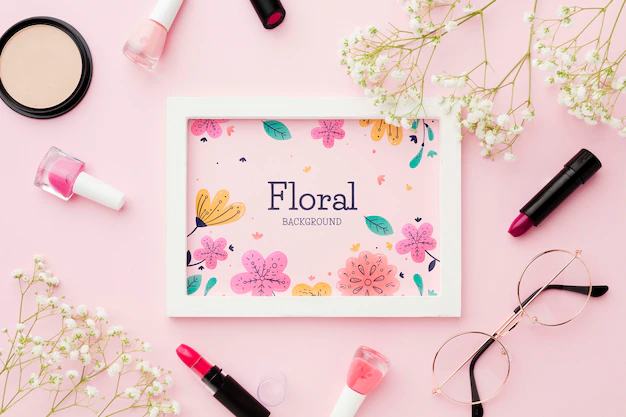 Free PSD | Top view of frame with flowers and make-up essentials