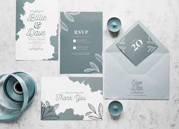 Free PSD | Top view of wedding cards with envelope and candles