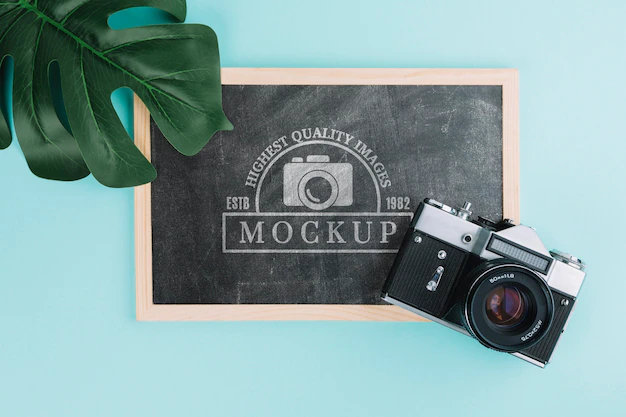 Free PSD | Top view photo camera with blackboard