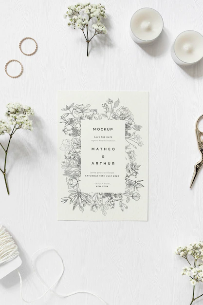 Free PSD | Top view wedding invitation with mock-up