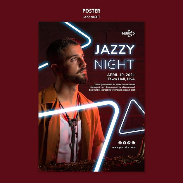 Free PSD | Vertical poster for neon jazz night event