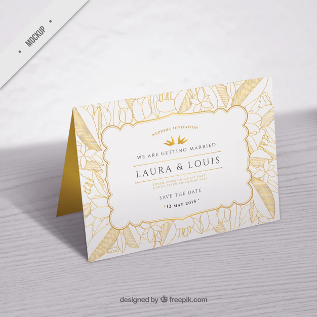 Free PSD | Wedding invitation mockup with golden hand drawn leaves