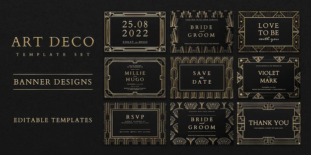 Free PSD | Wedding invitation psd set template with art deco pattern for social media banner