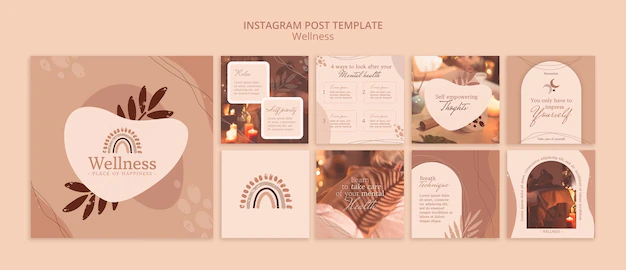 Free PSD | Wellness instagram posts collection with boho design